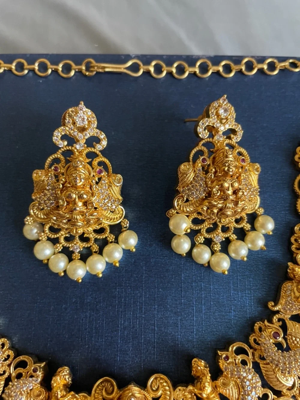 Traditional Gold-Tone Temple Necklace Set with Pearl Drops